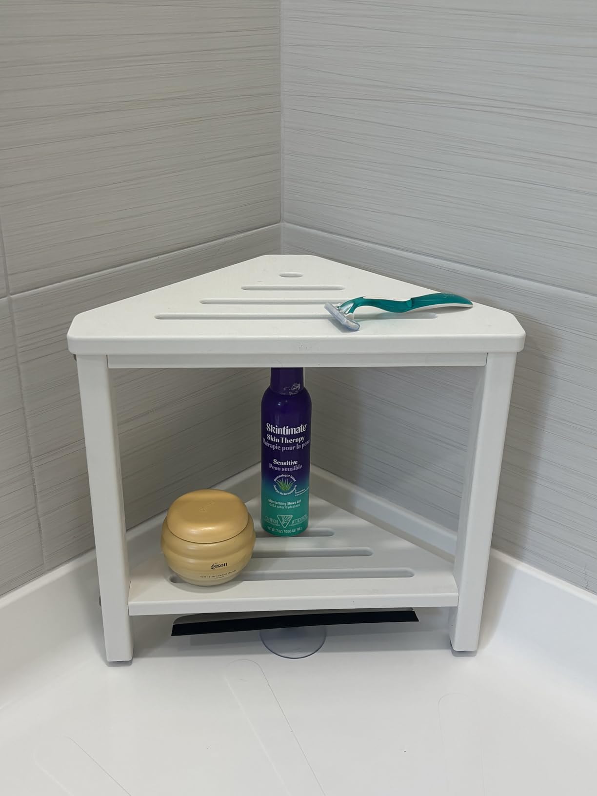 Shower Foot Rest 15in, HDPE Waterproof Shower Stool for Inside Shower, Corner Shower Stool for Shaving Legs with Storage Shelf for Small Space, Shower Step Stool, Plastic Corner Shower Bench, White customer photo 1